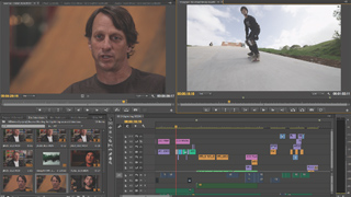 Video editing software interface with a man talking and a person skateboarding on a timeline.