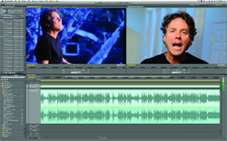 A video editing software interface displaying two video windows of a man and a green audio waveform below.