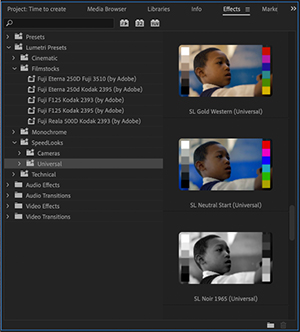 A software panel displaying various video color presets and filmstock options with preview thumbnails.