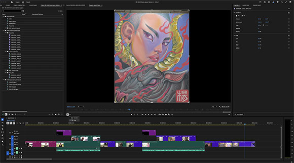 Video editing software interface showing a colorful digital portrait of a character with horns.