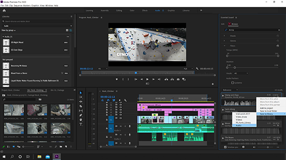 Screenshot of Adobe Premiere Pro editing software with a rock climbing video clip in the preview window and timeline.