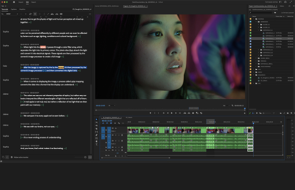 Video editing software interface with a close-up portrait of a person and a complex timeline below.