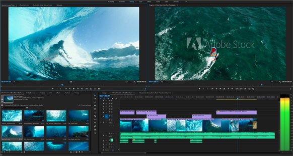 Video editing software interface displaying clips of ocean waves and a surfer from an aerial view.