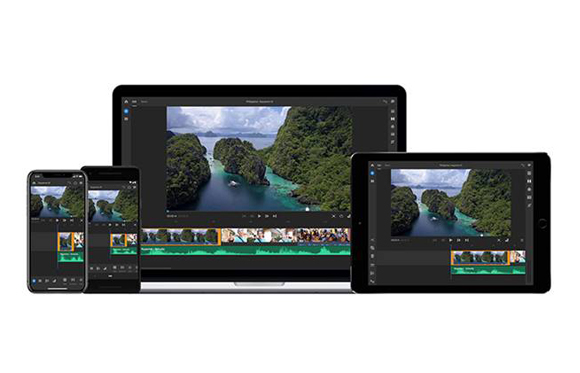 A smartphone, a second smartphone, a laptop, and a tablet all displaying video editing interfaces.