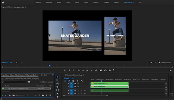 Video editing software showing a split screen with a skateboarder performing a trick. Text overlay reads "SKATEBOARDER".