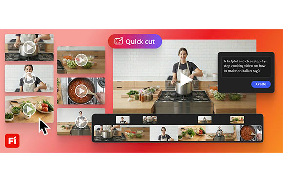 A video editing interface showing various cooking clips and a main video of a woman in a kitchen.
