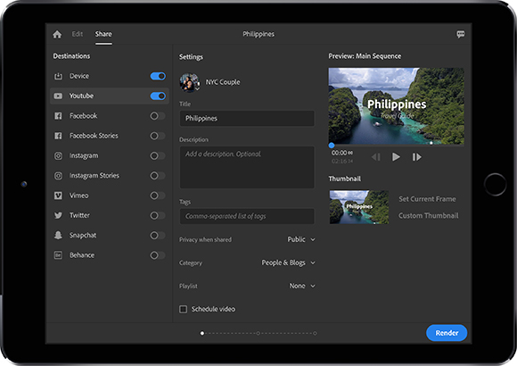 A tablet screen showing a video export menu with destination options, settings, and a preview of a Philippines travel video.
