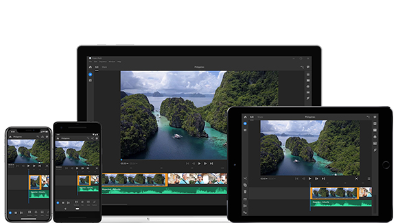Video editing interface showing tropical island footage on a laptop, tablet, and two smartphones.