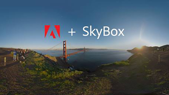 Adobe logo and SkyBox text overlaid on a panoramic view of the Golden Gate Bridge at sunset.