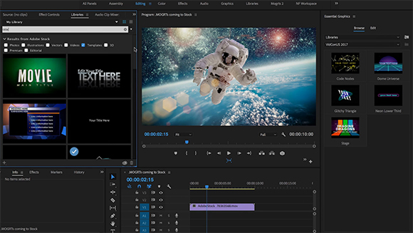 A video editing software interface showing a timeline, media library, and a preview of an astronaut in space.