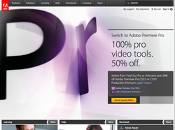 Adobe website banner advertising 50% off Adobe Premiere Pro video tools.