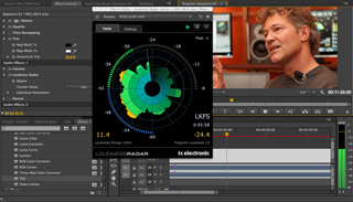 A circular loudness radar meter with green and yellow bars displayed over a video editing software interface.
