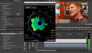 Digital audio workstation interface displaying a circular loudness radar and a video editing timeline.