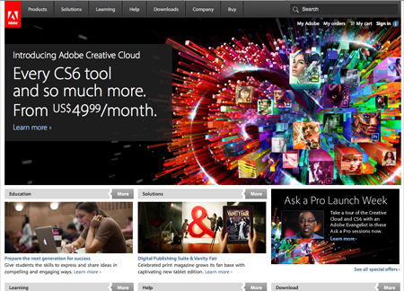 Adobe website promoting Creative Cloud with a colorful collage of digital art and software icons.