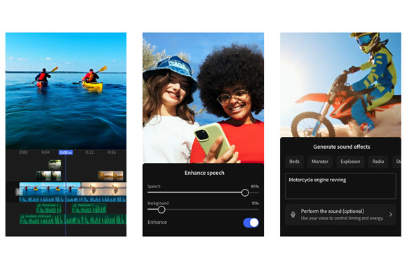 Three panels showing people kayaking, two women smiling, and a person riding a dirt bike with editing overlays.