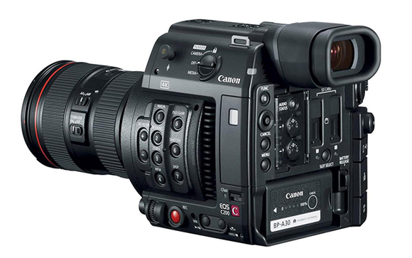 A black Canon EOS C200 digital cinema camera with a large lens and viewfinder.