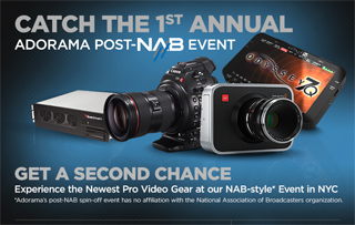 Promotional graphic for an event featuring professional video cameras and monitors on a blue background.