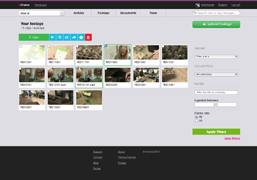 A web dashboard showing a grid of video thumbnails, a sidebar with filter options, and a green upload button.