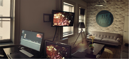 Multiple computer monitors displaying video footage in a room with a sofa and coffee table.