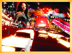 A woman's portrait superimposed over a colorful, blurred night scene of city lights and glowing dice.