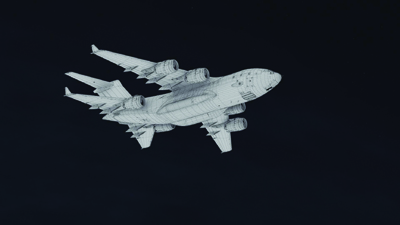 A large, multi-engine cargo aircraft flying through a dark, black void.