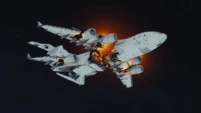 A white airplane flying through a dark sky illuminated by a bright orange light behind it.