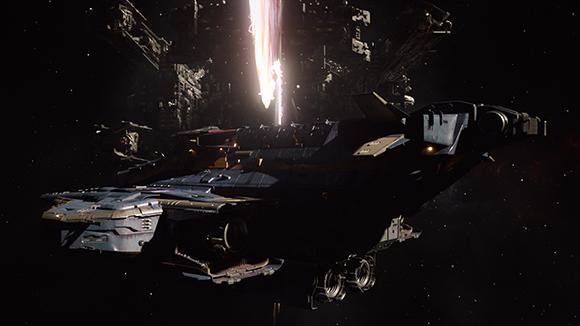 A dark, detailed spacecraft floating in space against a backdrop of a large structure and a bright light beam.