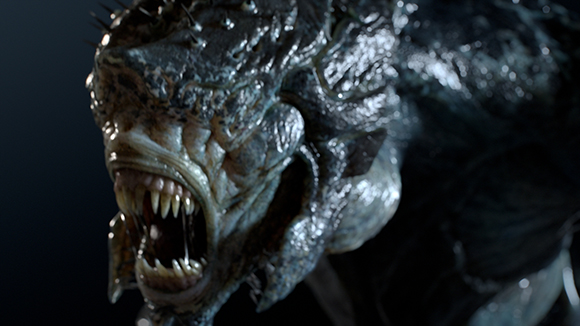 Close-up of a dark, textured creature with sharp teeth and bumpy, wet-looking skin.