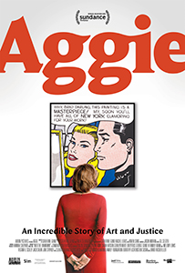 Movie poster for Aggie with large red text, a comic strip illustration, and a woman in a red dress looking up.