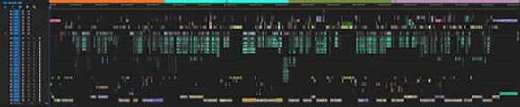 A dark digital interface with multiple horizontal rows of colorful data blocks and text on a black background.