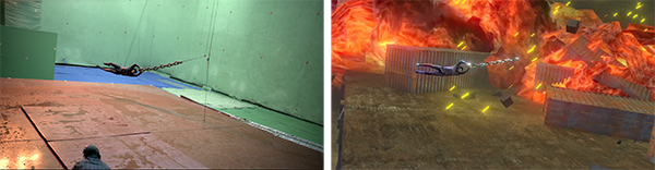 Split view of a person ziplining over a floor and a digital 3D model of a person ziplining through fire.