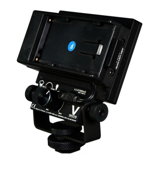 A black adjustable camera light mount with various knobs and a mounting plate.