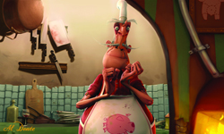 A tall, thin red character with a long mustache wearing a white apron in a rustic kitchen.