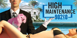 A man in a suit holds a pink poodle while a woman in a bikini reclines in front of a white mansion.
