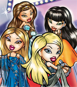 Four cartoon girls with diverse hair colors and glamorous outfits posing together.
