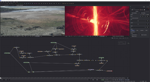 Video editing software interface with two video previews and a complex node-based workflow graph below.