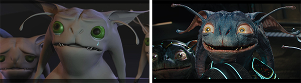 Two side-by-side comparisons of stylized, large-eyed alien creatures with different textures and colors.
