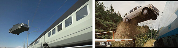 A car mid-air next to a long passenger train under a clear sky.