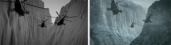 A split view showing a grayscale 3D model and a realistic render of helicopters flying through a rocky canyon.