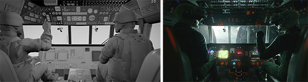 A split image showing a grayscale technical drawing of a cockpit and a color cinematic shot of the same cockpit.