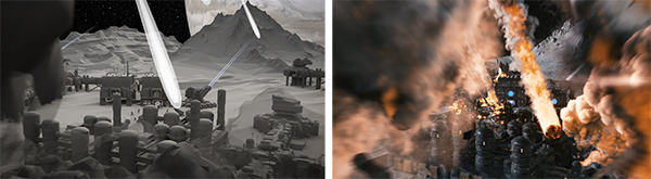 A grayscale lunar base being struck by meteors next to a color image of the same base exploding in fire and smoke.