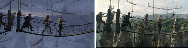 People walk across a narrow rope bridge suspended between high, rocky cliffs under a cloudy sky.