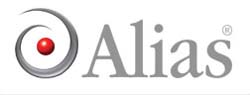 Gray Alias text next to a swirling gray circular icon with a red sphere in the center.