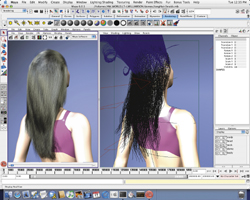 A software interface showing a 3D model of a woman's head with hair being rendered and sculpted.