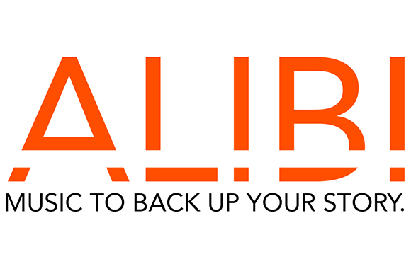 Orange text reading ALIBI above the tagline MUSIC TO BACK UP YOUR STORY.