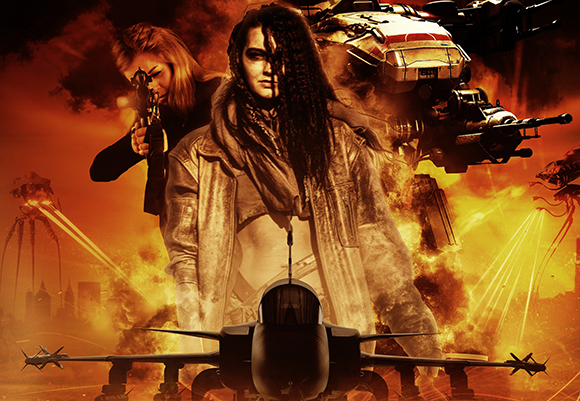 A woman in a jacket stands before a fighter jet, surrounded by sci-fi aircraft and a woman holding a weapon.