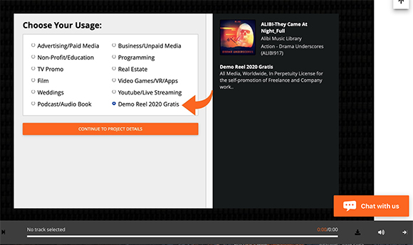 A menu titled 'Choose Your Usage' with various media options and a selected option for 'Demo Reel 2020 Gratis'.
