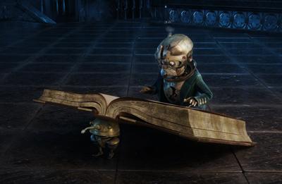 A small, metallic humanoid robot in a green jacket reads a massive, open book on a dark tiled floor.