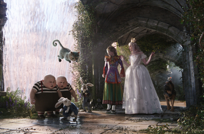 A group of fantasy characters, including a girl in a colorful dress and a woman in a white gown, stand in a stone arch.
