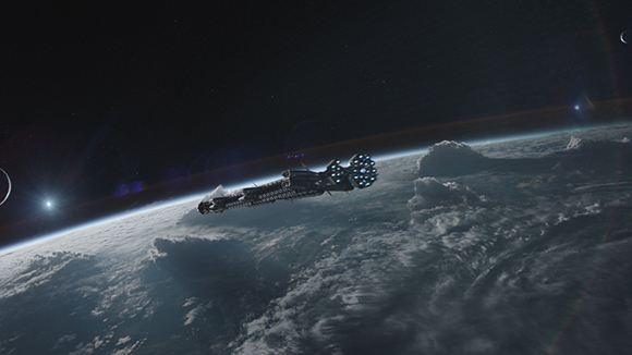 A long, dark spacecraft traveling through space above a planet covered in thick white clouds.